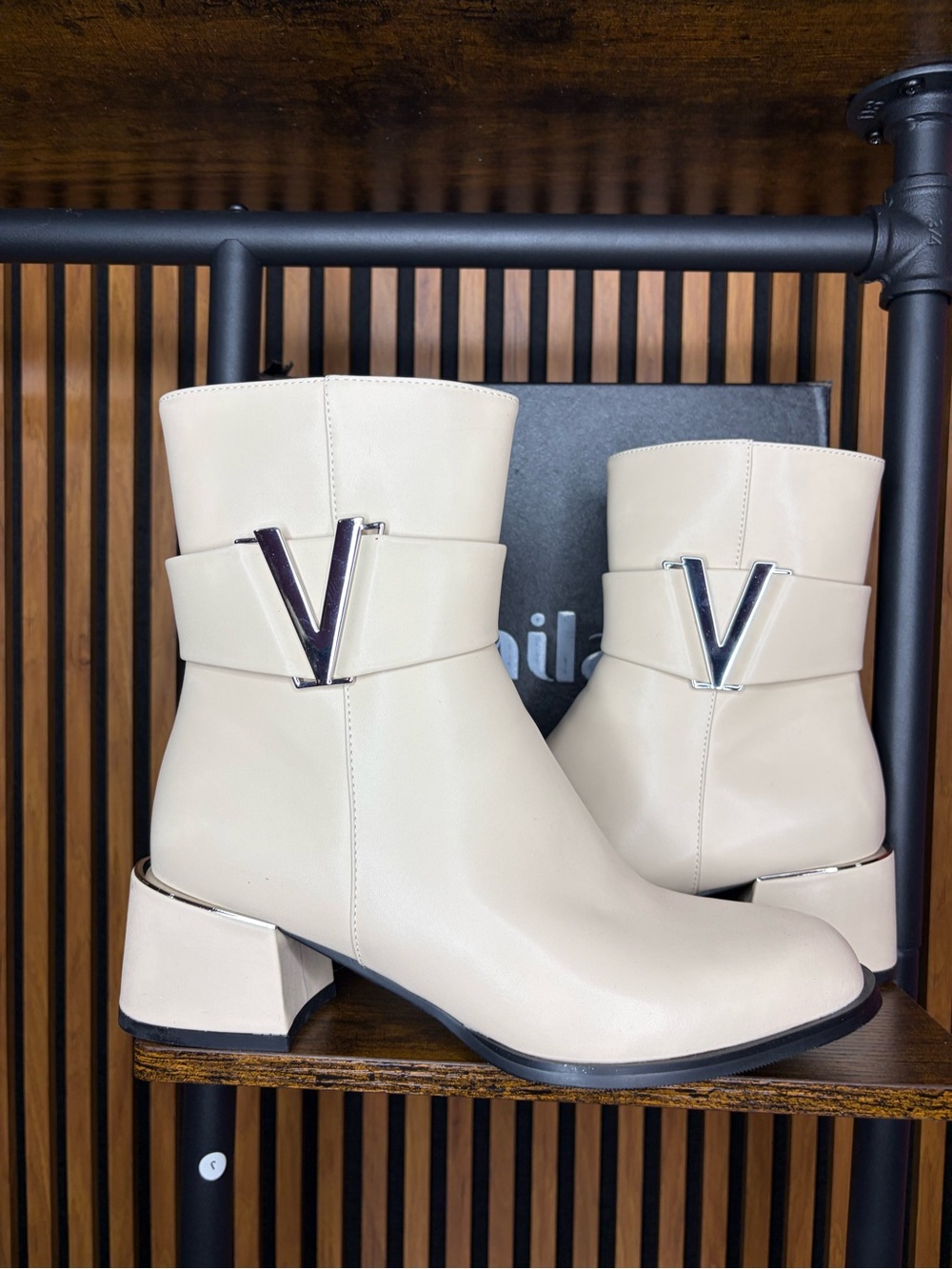 Cream Ankle Booties with Silver V Accent